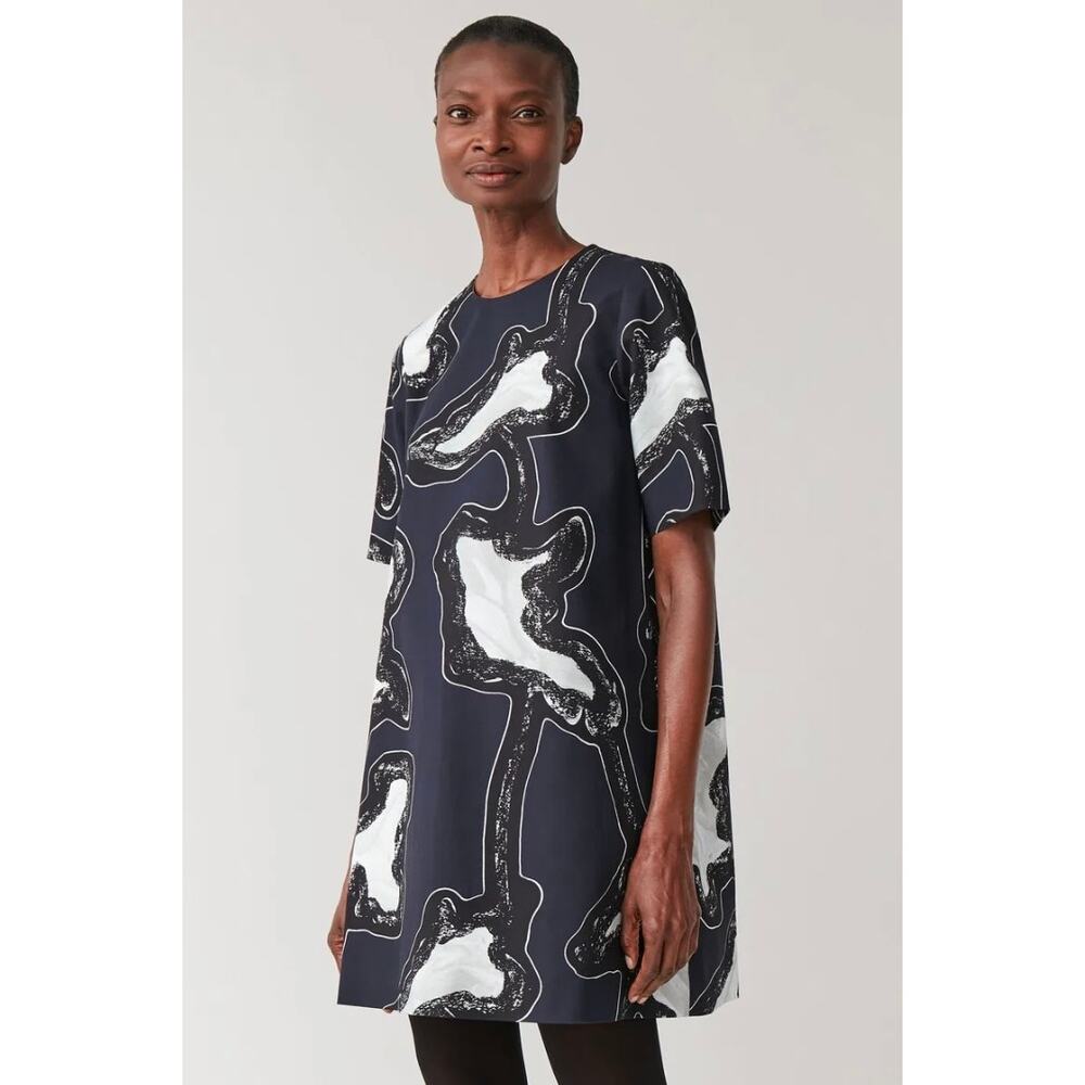 COS Abstract Print Short Sleeve High Neck Artsy A-Line T-Shirt Shift Dress US2